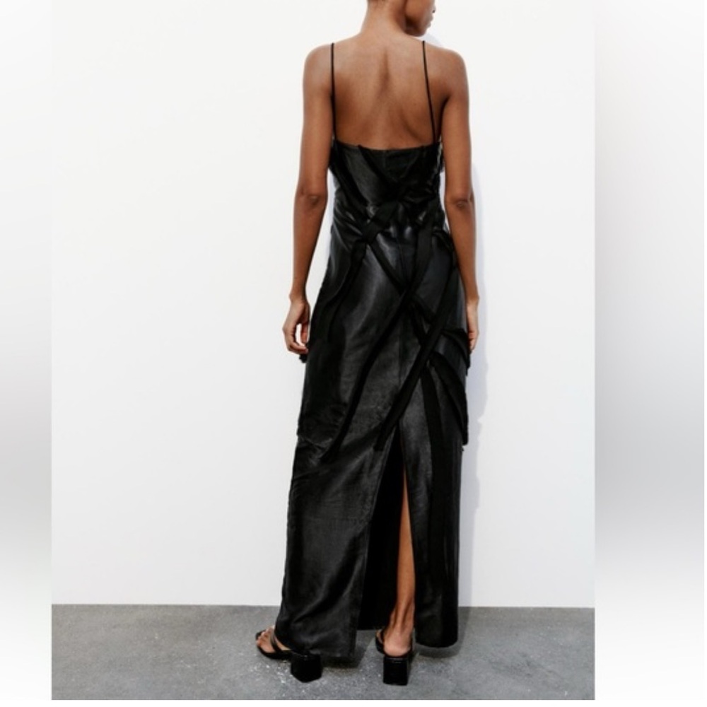 Zara NWT black satin & mesh floral appliqué slip maxi dress with spaghetti strap - Picture 6 of 12